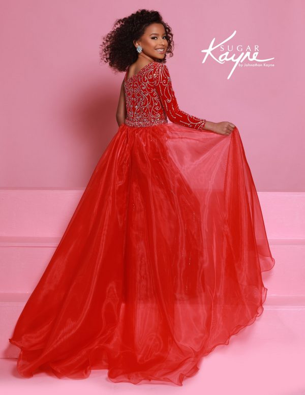 Red crystal-embellished one-sleeve jumpsuit for girls with sheer organza overskirt